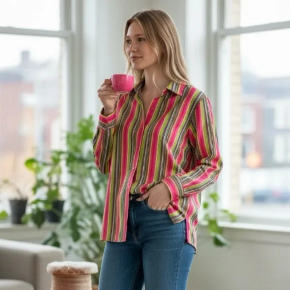 Foxcroft Striped Long Sleeve Button Down Shirt Size 14 - Picture 3 of 10